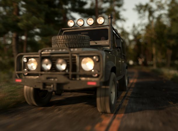 3d Visualisierung. Waldstrasse mit Range Rover. me3 - Michael Elwert